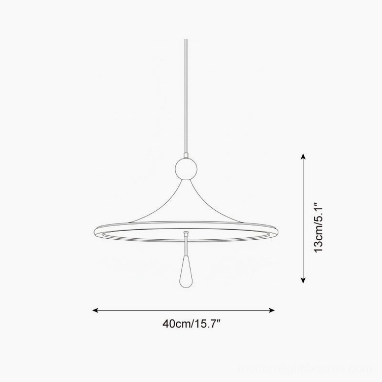 Spinora pendant light technical specification drawing showing 40cm diameter and 13cm height dimensions with metric and imperial measurements