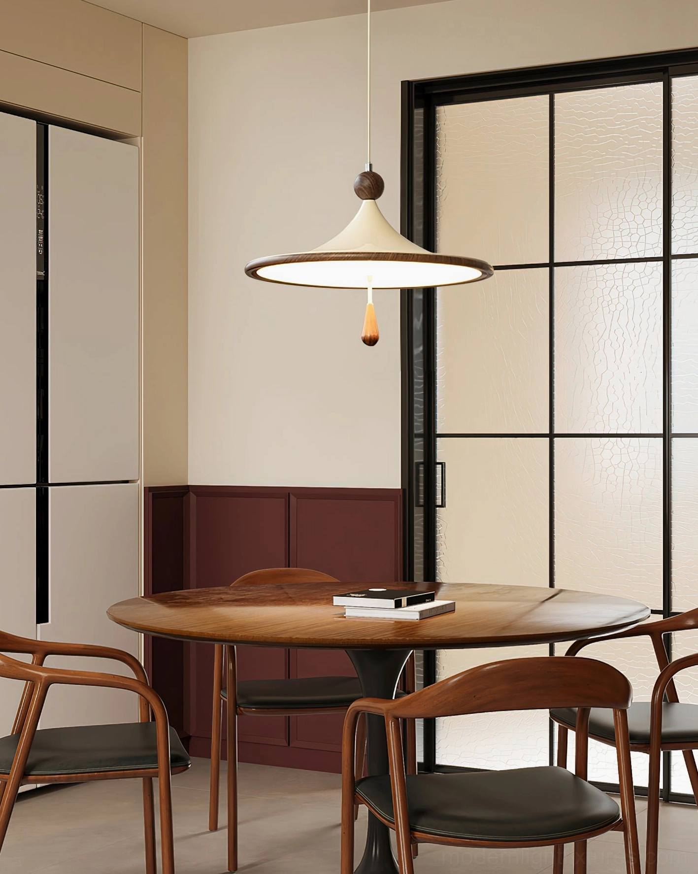Spinora retro pendant light in warm dining room with glass sliding doors, creating cozy mid-century modern ambiance