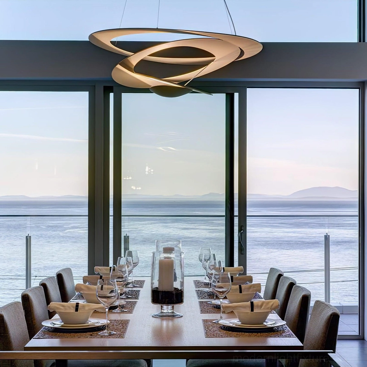 Spiral chandelier contemporary interior styling, matte white finish in minimalist room setting