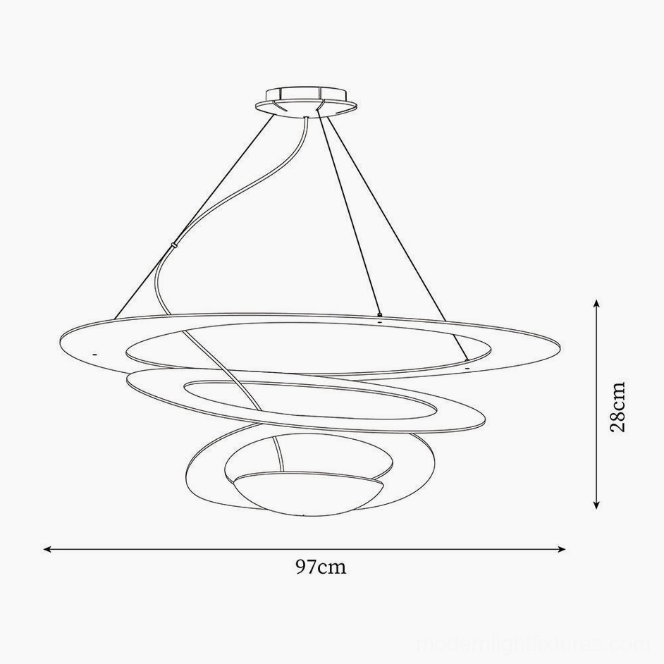 Technical schematic and dimension illustration of spiral LED chandelier, 97cm diameter specification drawing