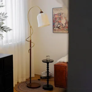 Modern spiral floor lamp with rope detail and fabric shade in vintage living room setting - walnut and white finish