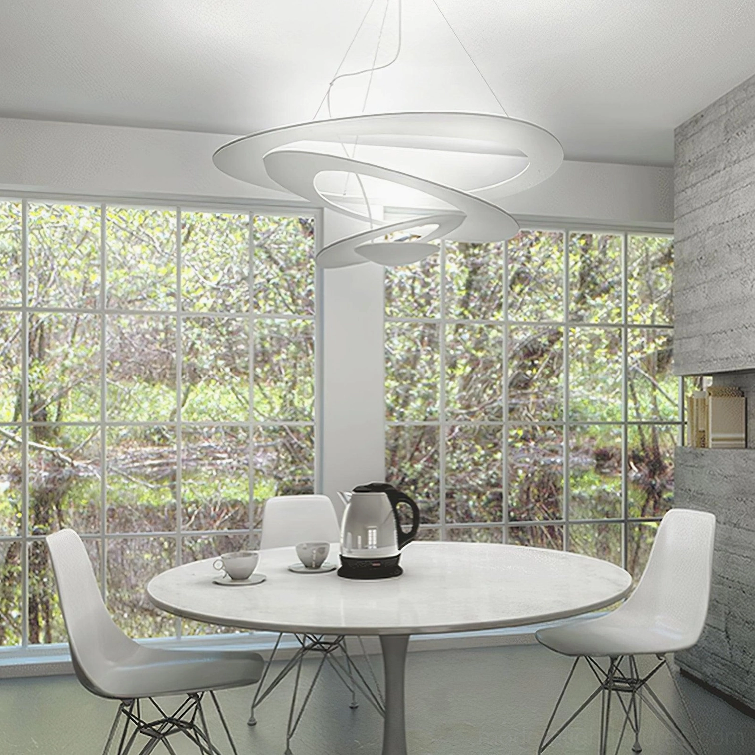 Spiral LED pendant light artistic lighting effect, shadow and light interplay on ceiling and walls