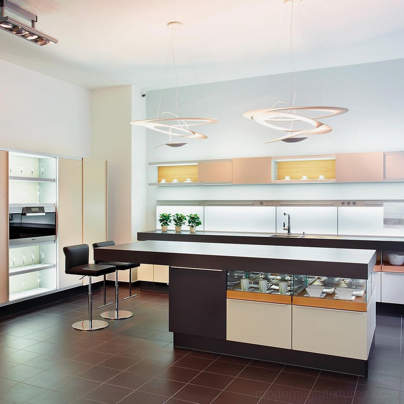 Spiral LED pendant in contemporary living room, sculptural design with soft lighting ambiance