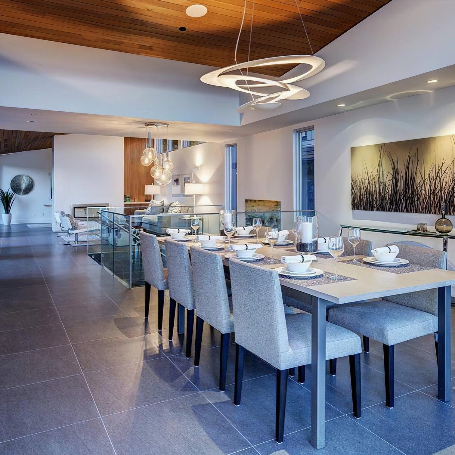 Spiral LED pendant light architectural rendering, design concept visualization in white interior