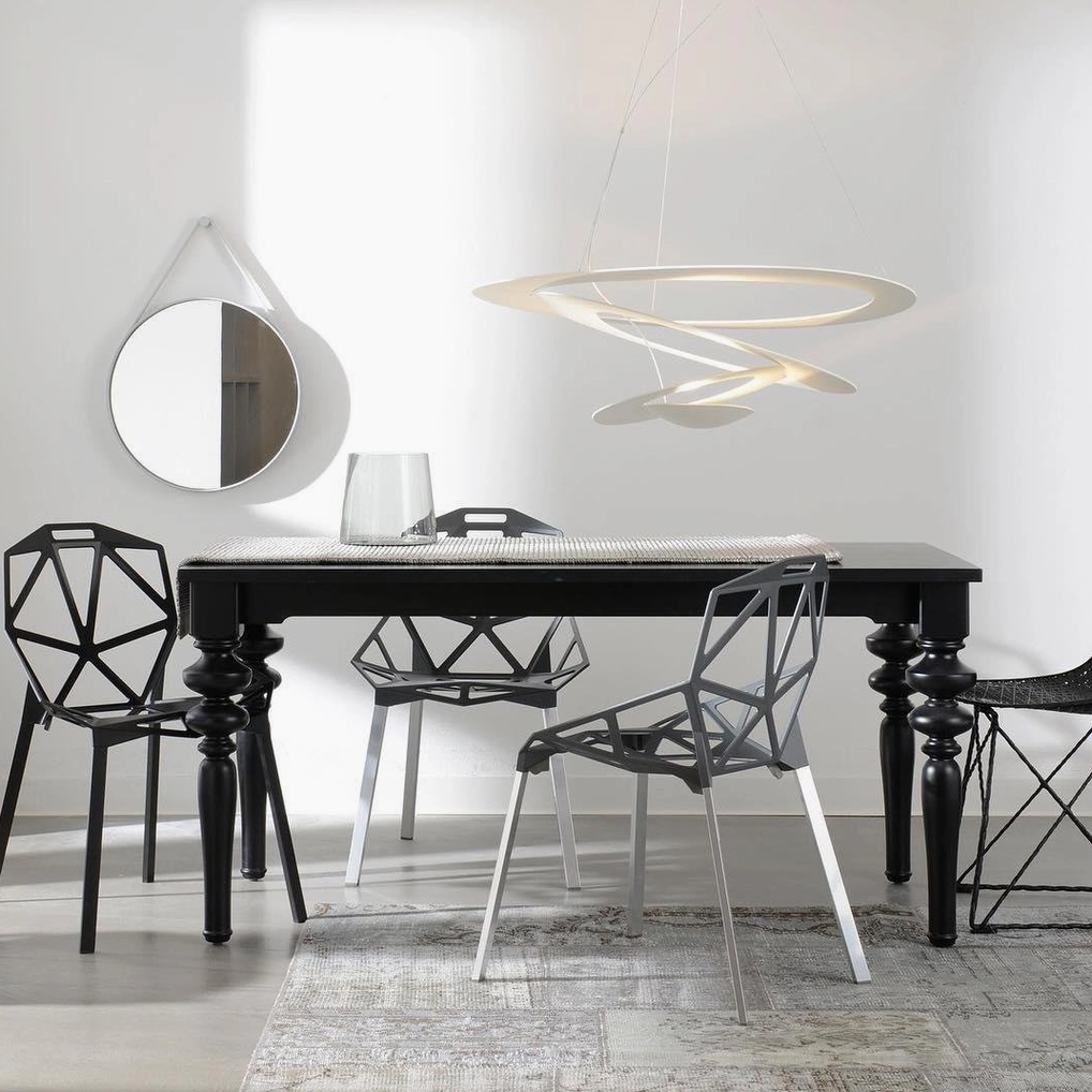 Modern spiral LED pendant light energy-efficient technology showcase, integrated LED lifespan detail