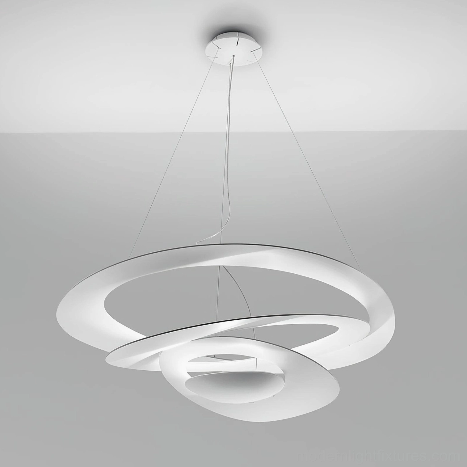 Spiral LED pendant light fixture standard product photography, multiple size variant display