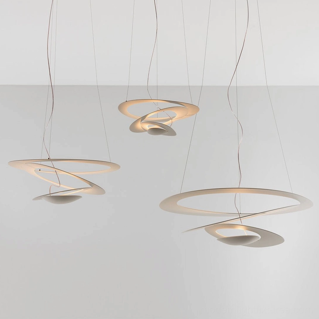 Spiral LED chandelier small variant in intimate dining space, 27-inch diameter proportional fit