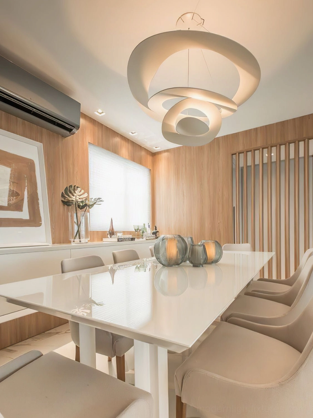 Spiral LED pendant light in statement ceiling design, architectural modern home showcase