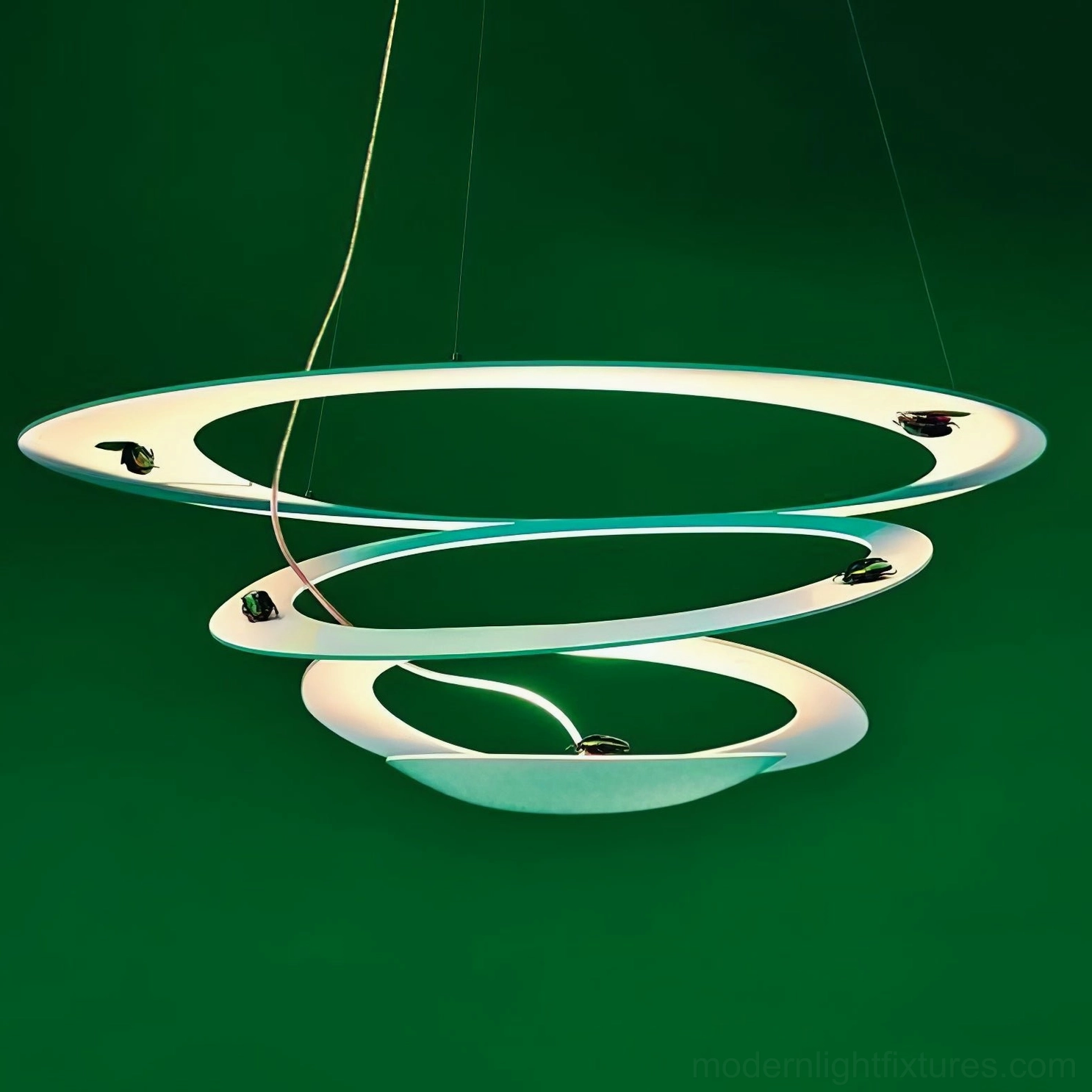 Spiral LED ring pendant lighting ambiance in residential setting, warm glow evening atmosphere