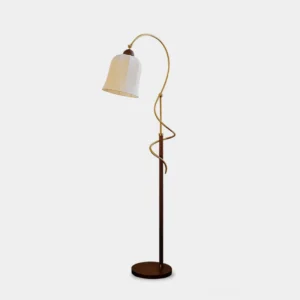 Spiral metal floor lamp with twisted frame and textured fabric shade - front studio view showing geometric helix design