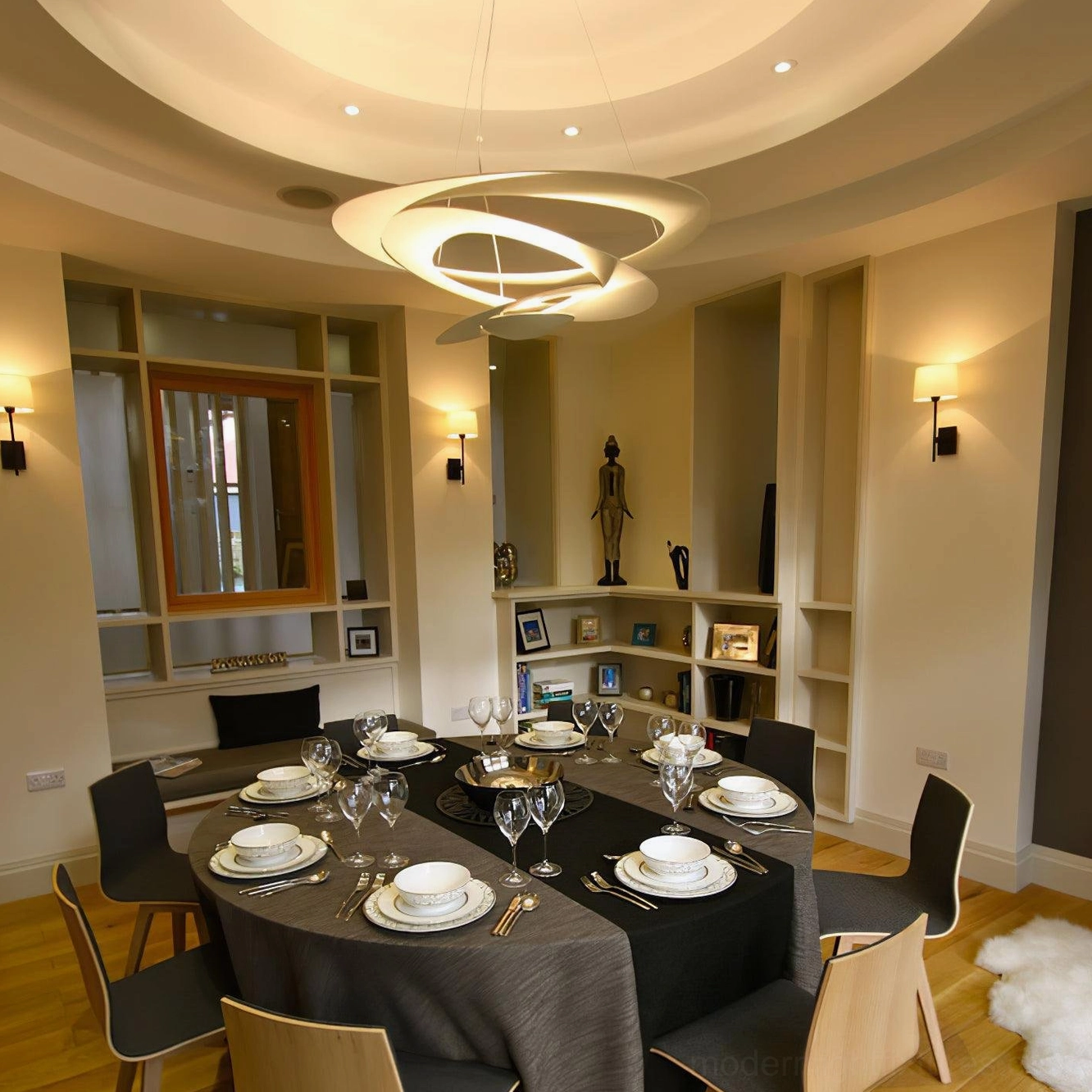 Spiral pendant light warm illumination study, ambient lighting in contemporary residential space