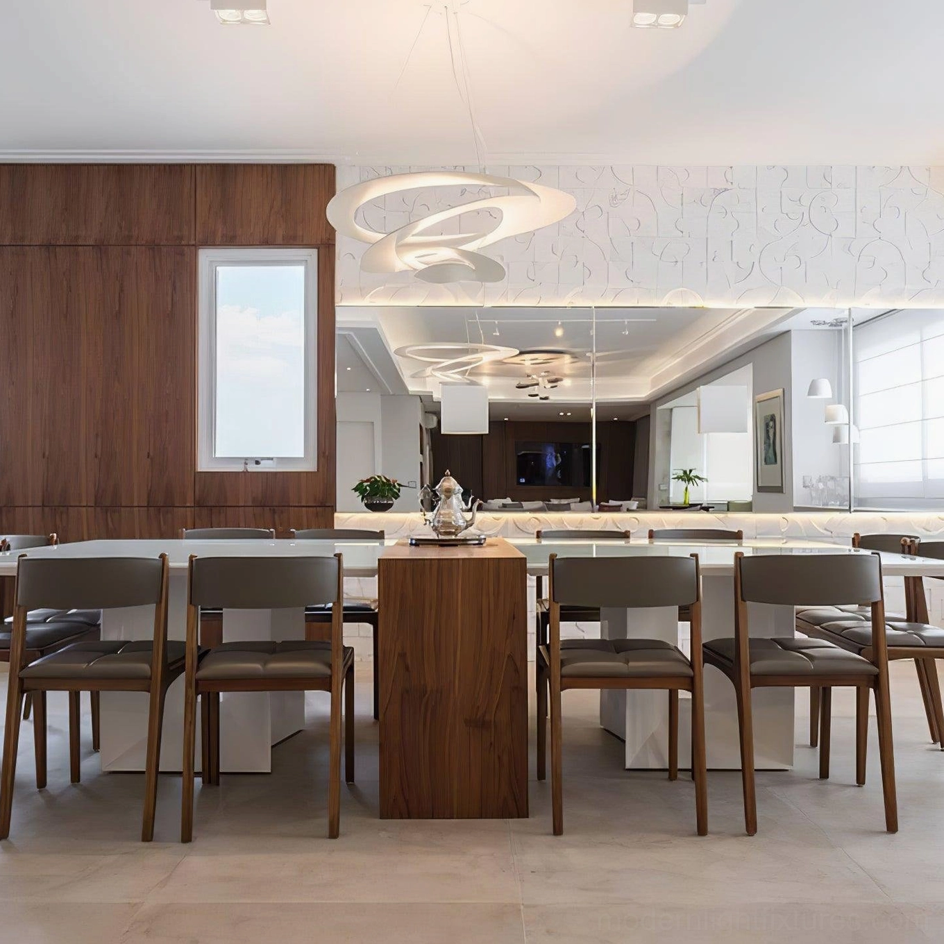 Spiral ring LED chandelier in formal dining room overhead view, neutral minimalist modern design with soft illumination