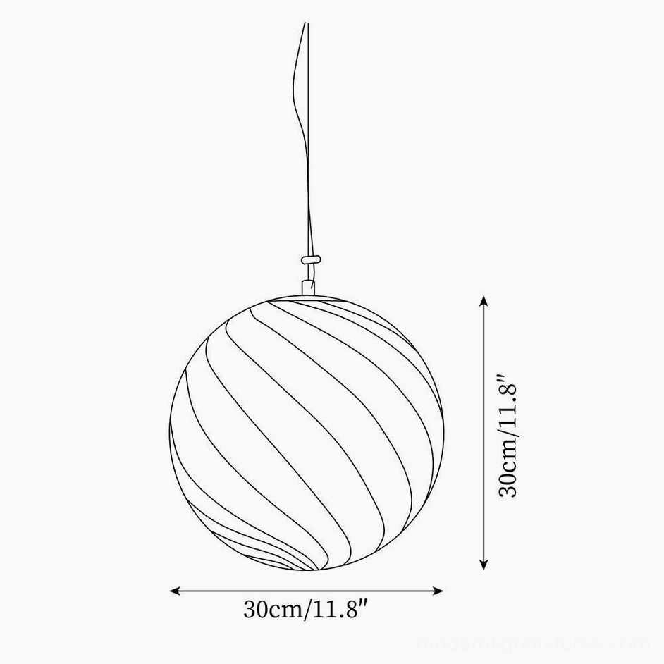 Technical dimensional drawing and specifications for 30cm diameter hand-blown glass spiral stripe pendant light