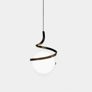 Modern spiral wire pendant light with frosted glass shade, front view showing black metal frame and white diffuser