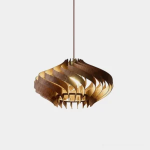 Spiral wood pendant light with twisted dark brown wooden slats in sculptural formation, studio product photography on white background