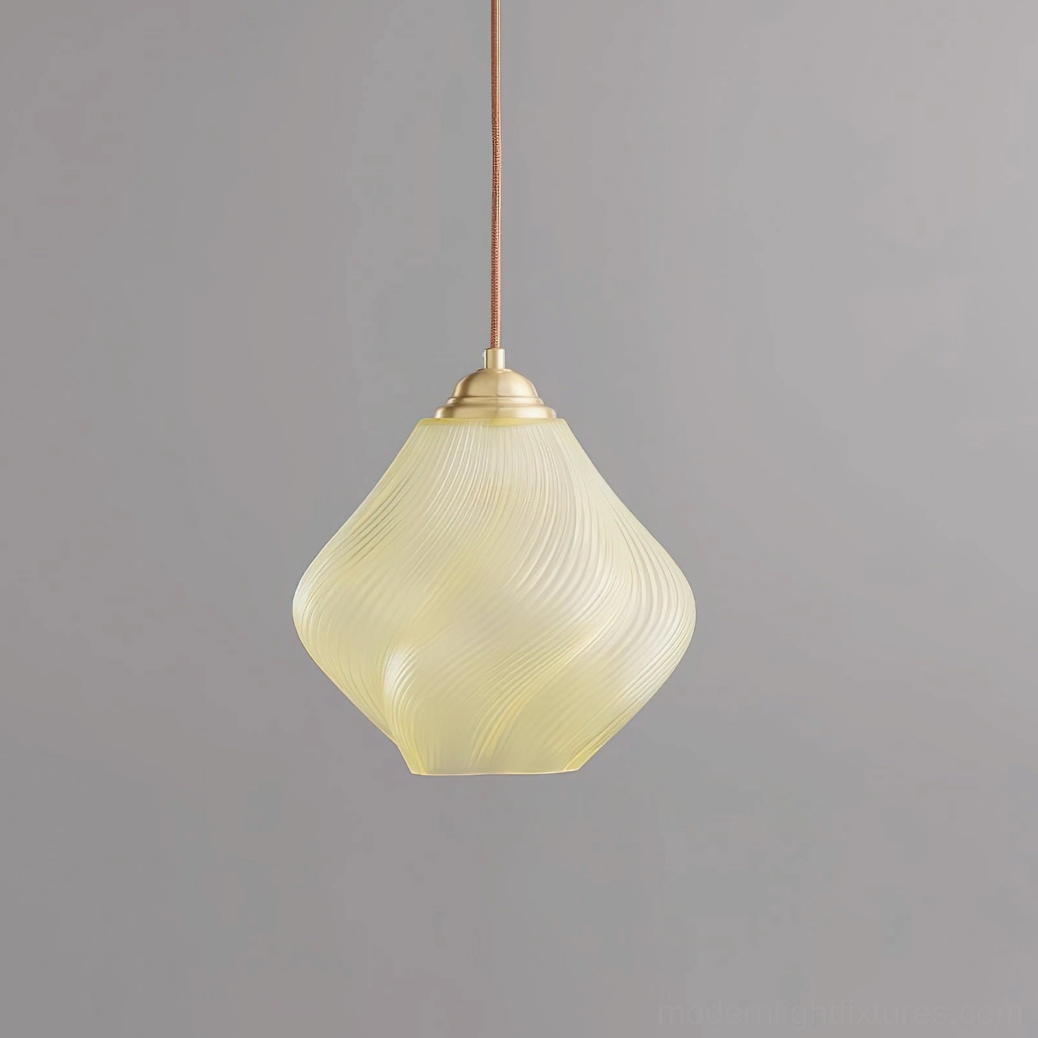 Spirvia light yellow hand-blown twisted glass pendant lamp - bright pale yellow swirled frosted glass shade with brass ceiling fixture