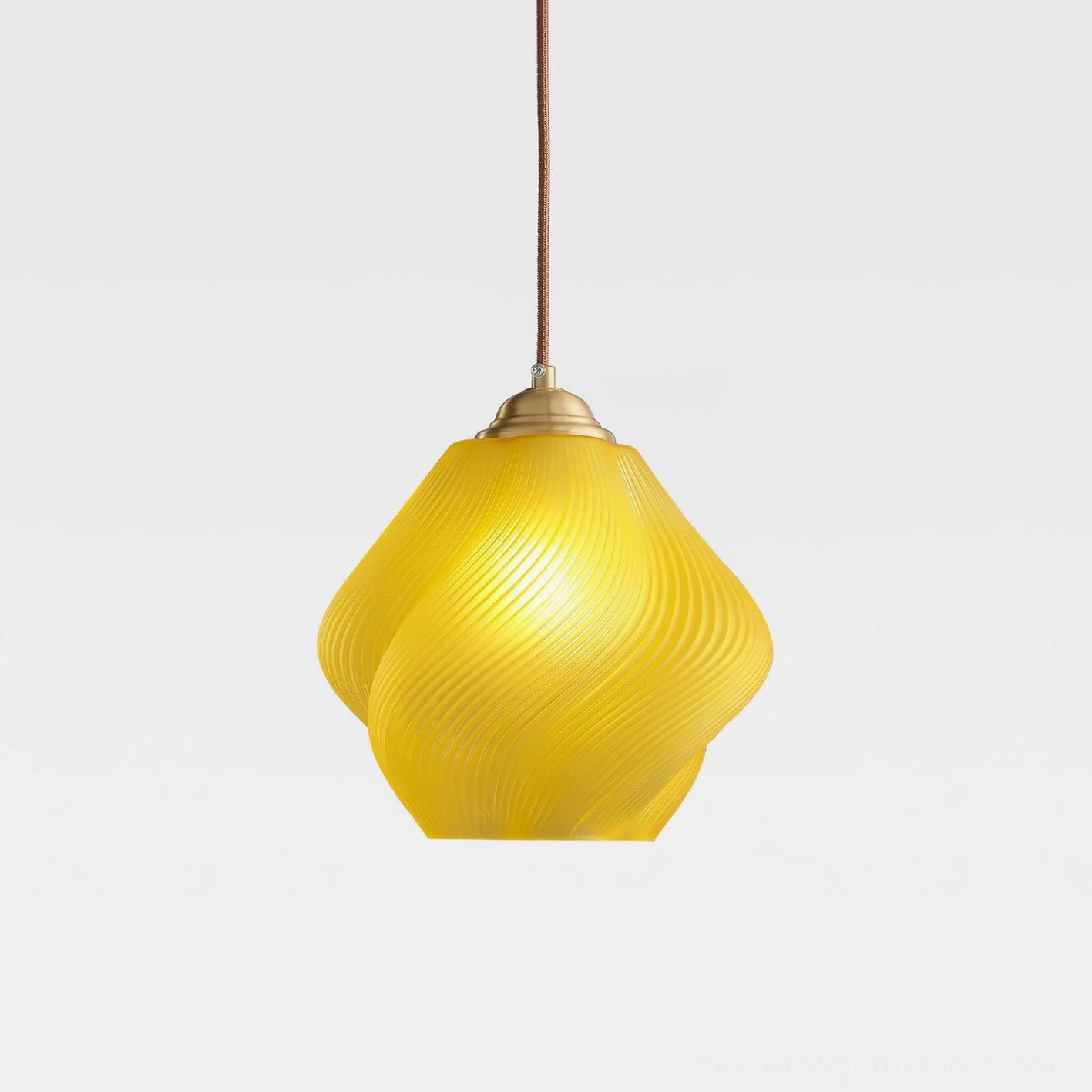 Spirvia hand-blown yellow twisted glass pendant light - bright yellow swirled ribbed shade with brass fixture and brown suspension cord