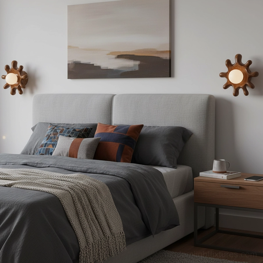 Two Splova dark brown sculptural wall sconces in modern master bedroom beside wall display