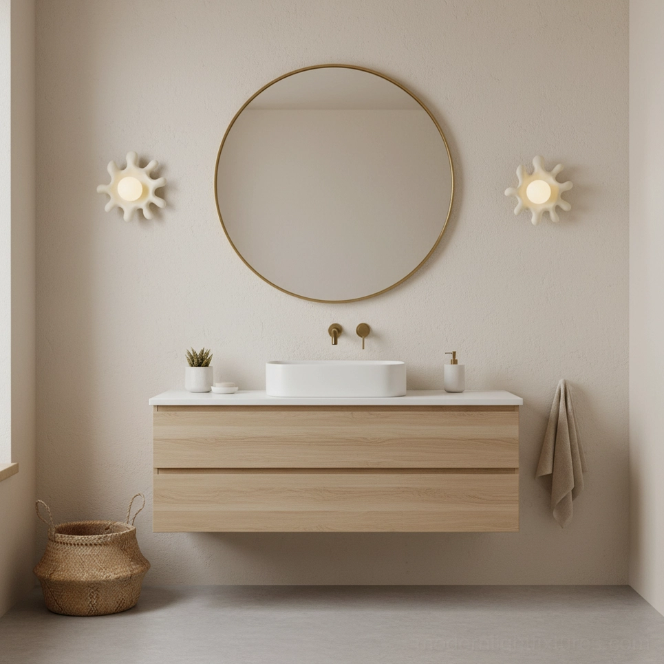 Pair of cream Splova wall sconces in wooden bathroom vanity with minimalist aesthetic
