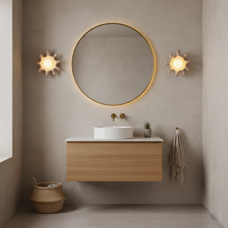 Pair of dark brown Splova organic wall sconces flanking bathroom mirror vanity