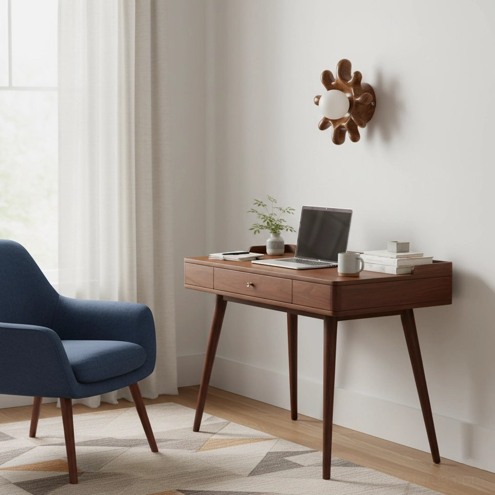 Single Splova wall sconce in Scandinavian home office with warm natural wood furniture