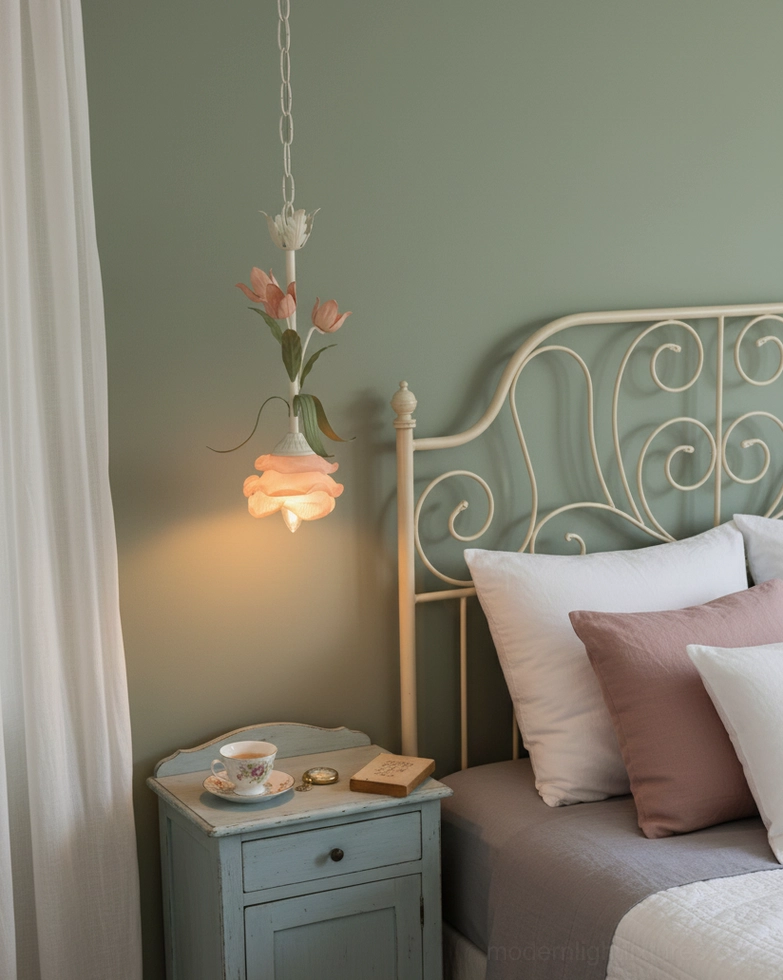 Springeau tulip pendant light hanging in cozy bedroom with green accent wall
