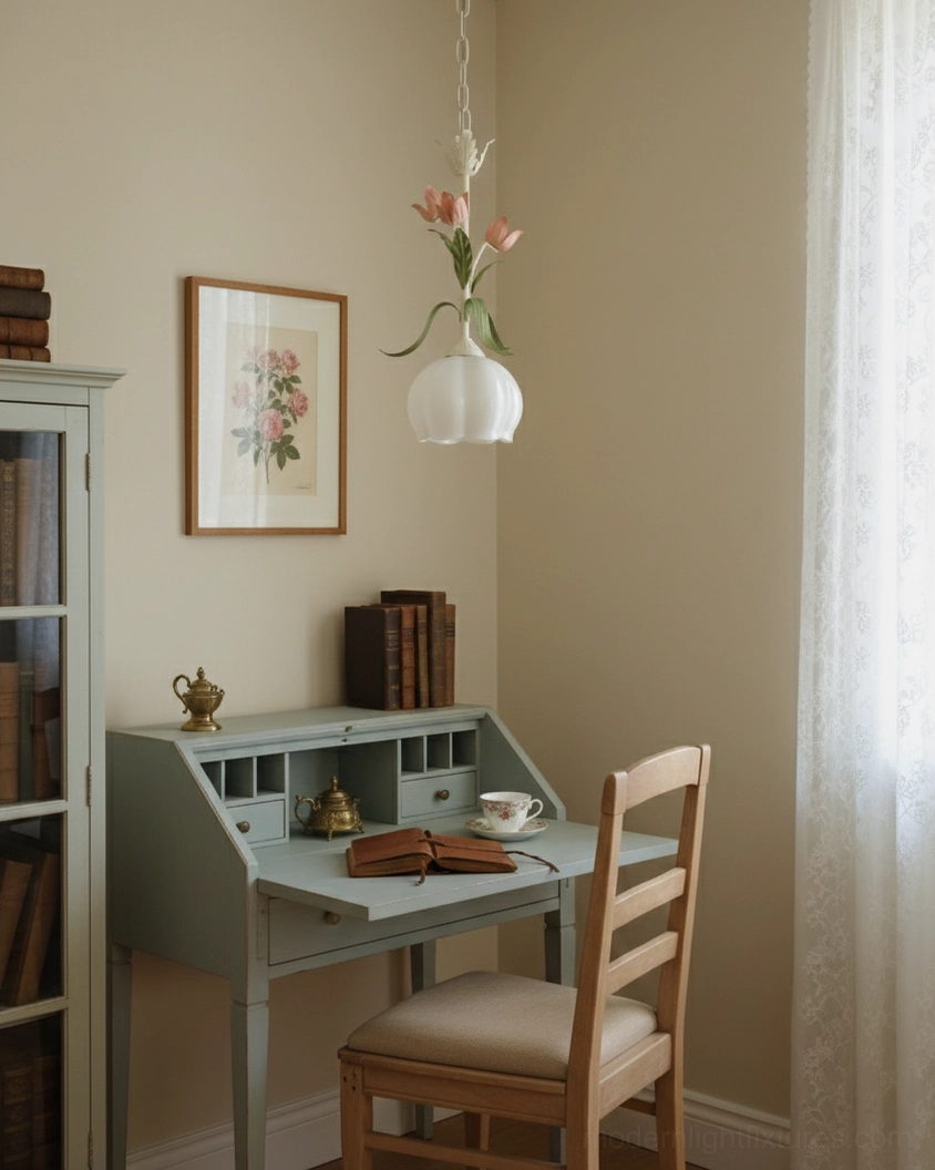 Springeau botanical pendant light with sculpted tulip details close-up view