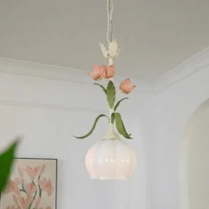 Springeau floral pendant lamp Model E installed in residential interior with white crown molding