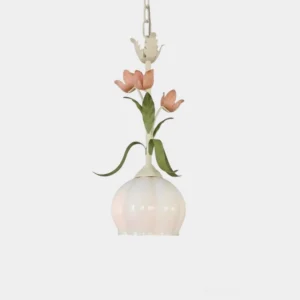 Springeau tulip pendant light with hand-sculpted floral details and opal glass shade, frontal studio view