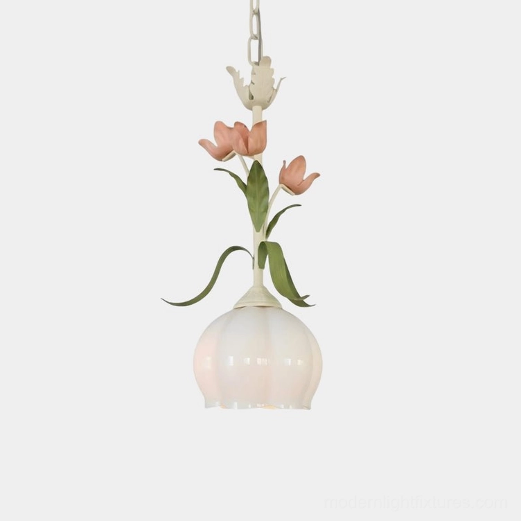 Springeau tulip pendant light with hand-sculpted floral details and opal glass shade, frontal studio view