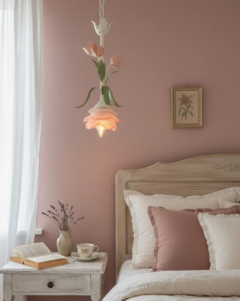 Springeau botanical pendant lamp in vintage pink bedroom cottagecore interior design