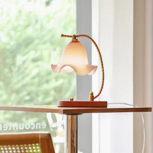 Botanical Table Lamp with Ruffled Pink Glass Shade and Gold Twisted Stem - Cafe Setting