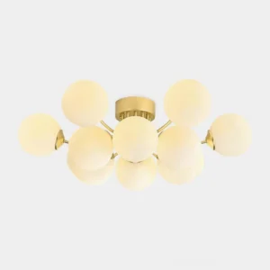 Multi-ball sputnik ceiling light front view with brass gold frame and frosted glass globes - modern mid-century design