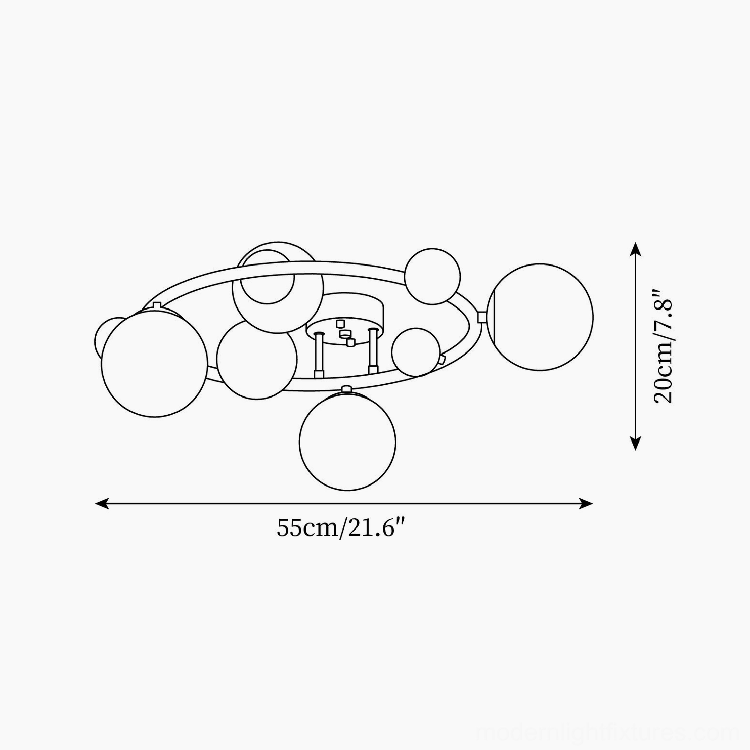 Sputnik ceiling light fixture technical drawing - orthographic schematic showing 55cm diameter and 20cm height dimensions