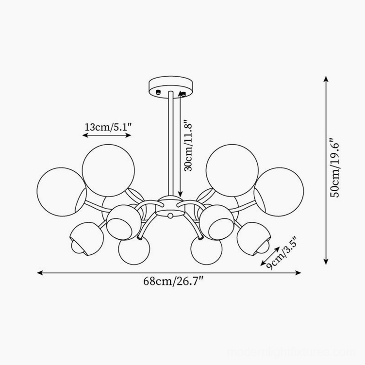 Technical drawing of 12-head Sputnik chandelier pendant fixture, 68cm diameter by 50cm height dimensions