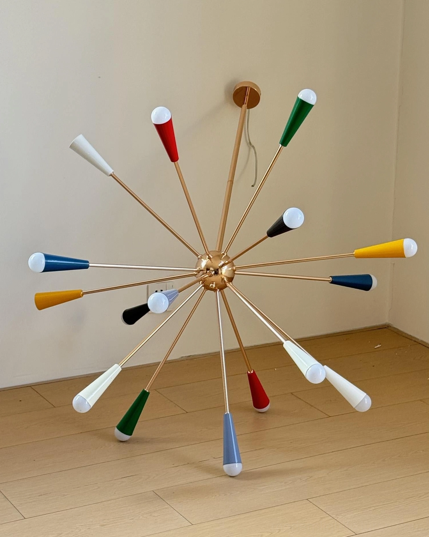16-head sputnik starburst chandelier full view with extended gold metal arms and colorful pendant caps