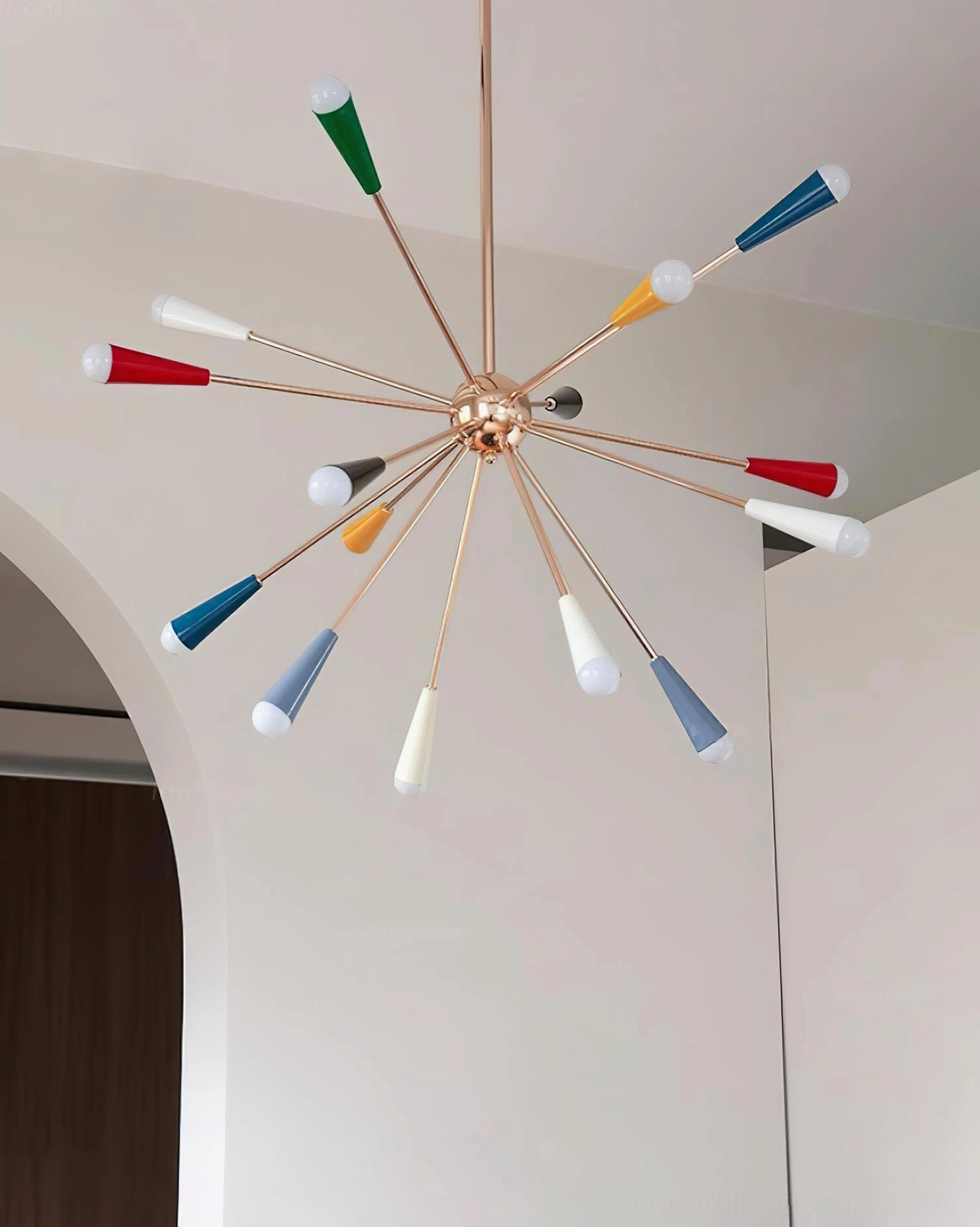 Sputnik burst chandelier 16-head large model in spacious living room creating dramatic statement piece