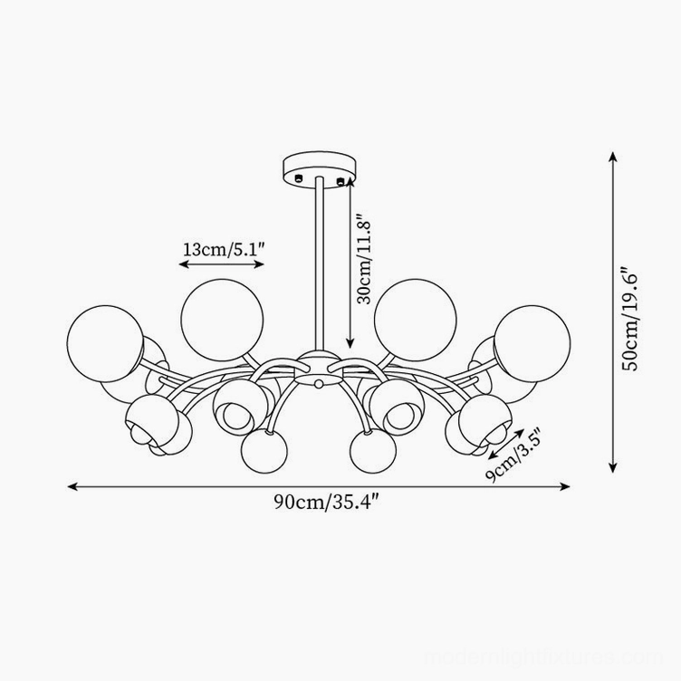 Technical blueprint of large 16-head Sputnik chandelier, 90cm diameter by 50cm height measurements and specifications
