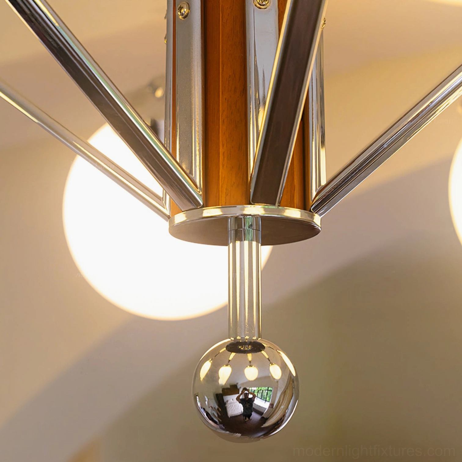 3-head sputnik chandelier architectural lighting, warm ambient glow, mid-century interior design application