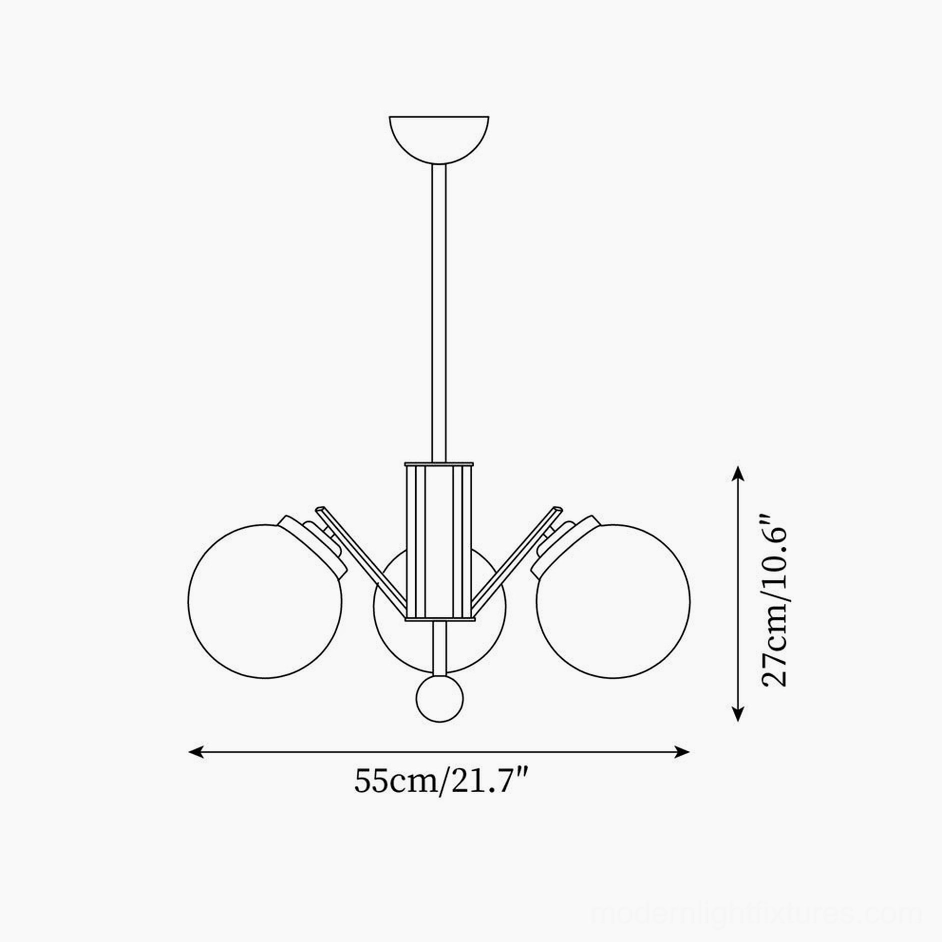 Technical line drawing orthographic diagram of 6-head sputnik chandelier, dimensions 75cm width x 36cm height