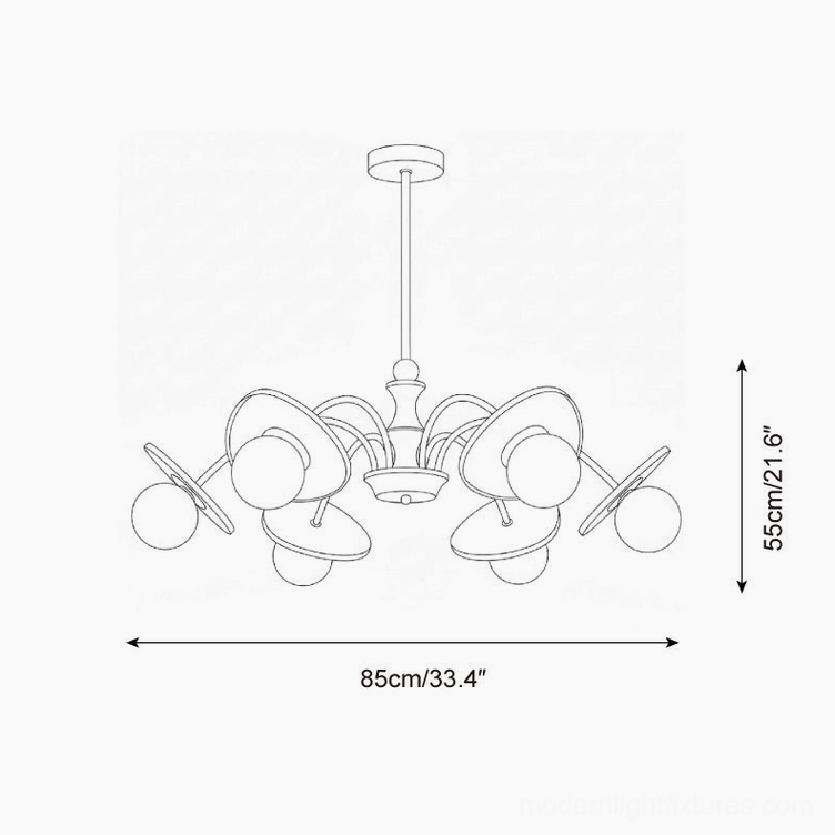 Technical schematic drawing of 6-head sputnik chandelier 85cm diameter by 55cm height product specifications