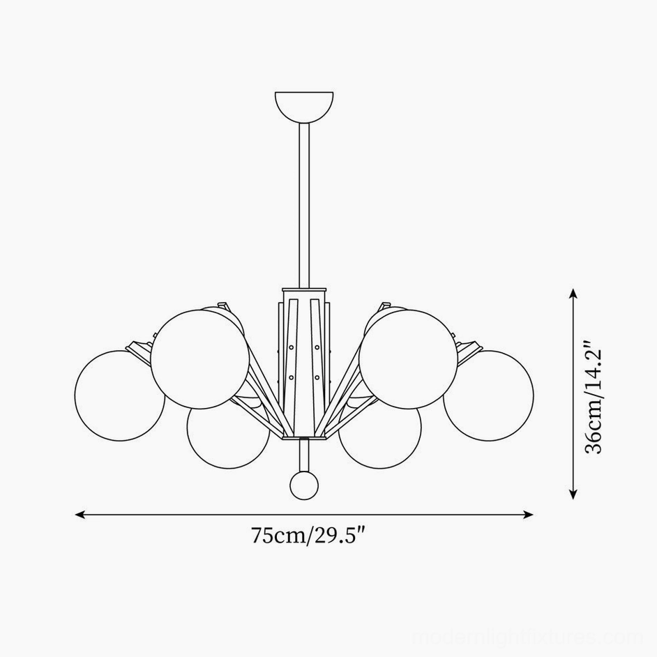 Technical line drawing orthographic diagram of 8-globe sputnik chandelier, dimensions 75cm width x 36cm height