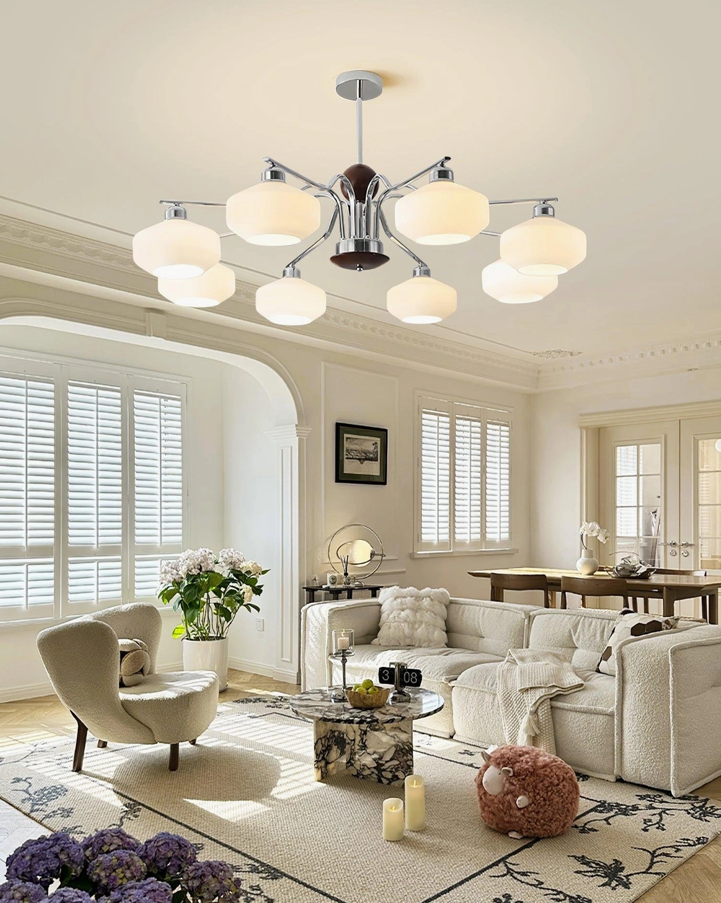8-light mid-century sputnik chandelier in French vintage living and dining room setting