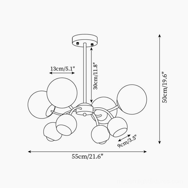 Technical specification drawing of 8-head Sputnik chandelier showing 55cm diameter and 50cm height measurements