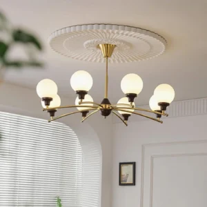 Vintage sputnik pendant light with chrome finish installed in French-style living room with ceiling rose