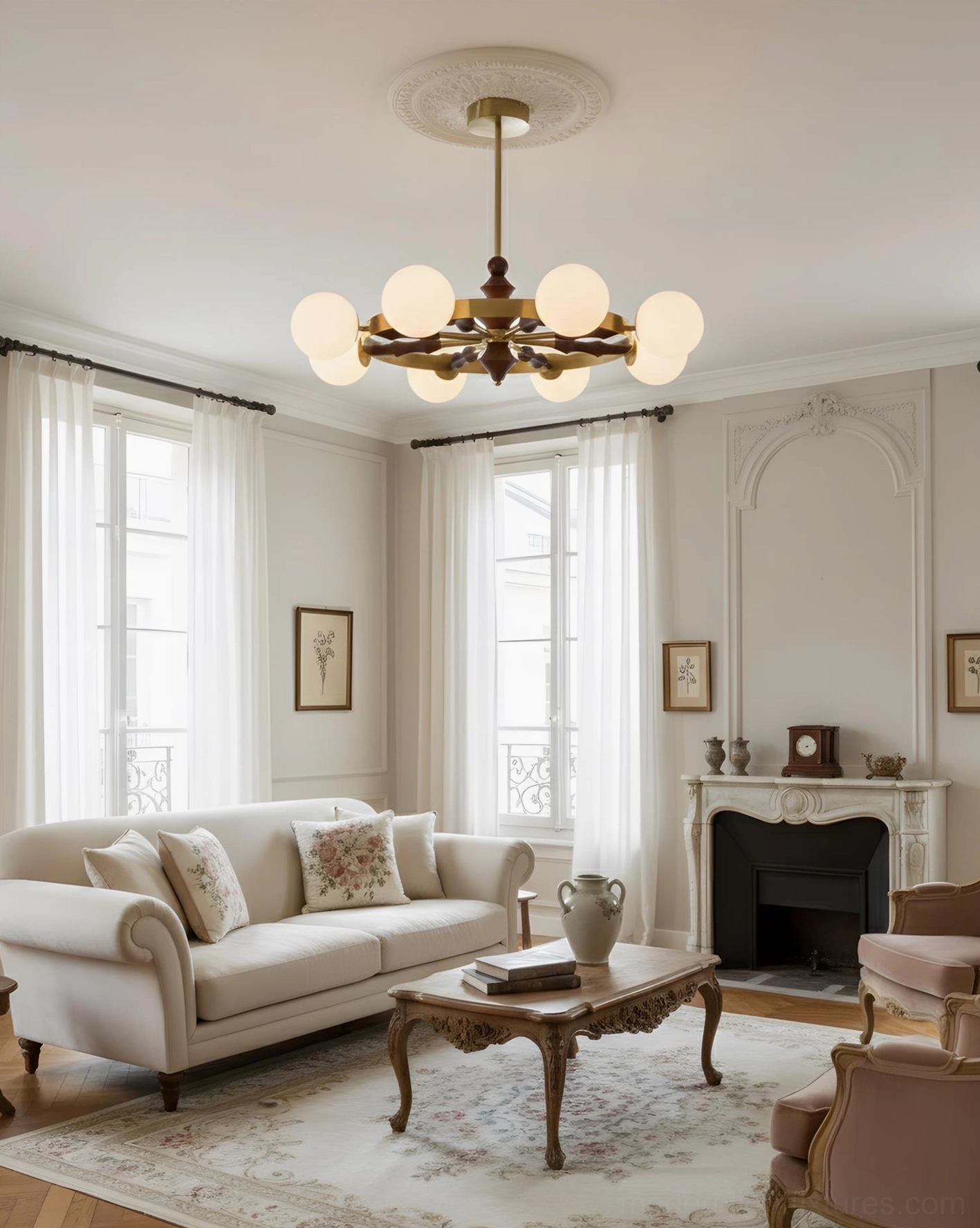 Mid-century modern multi-head glass globe chandelier displaying full sculptural form and design detail