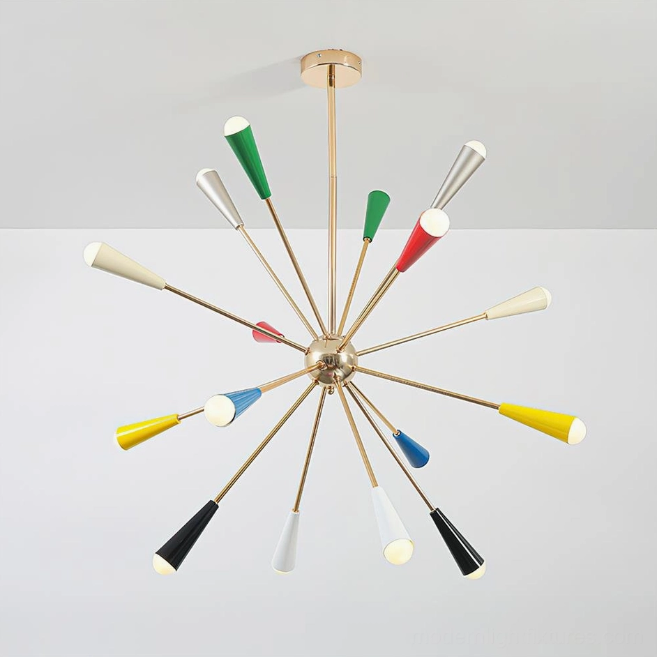 Sputnik starburst chandelier close-up detail of multicolor conical lamp shades and metal framework