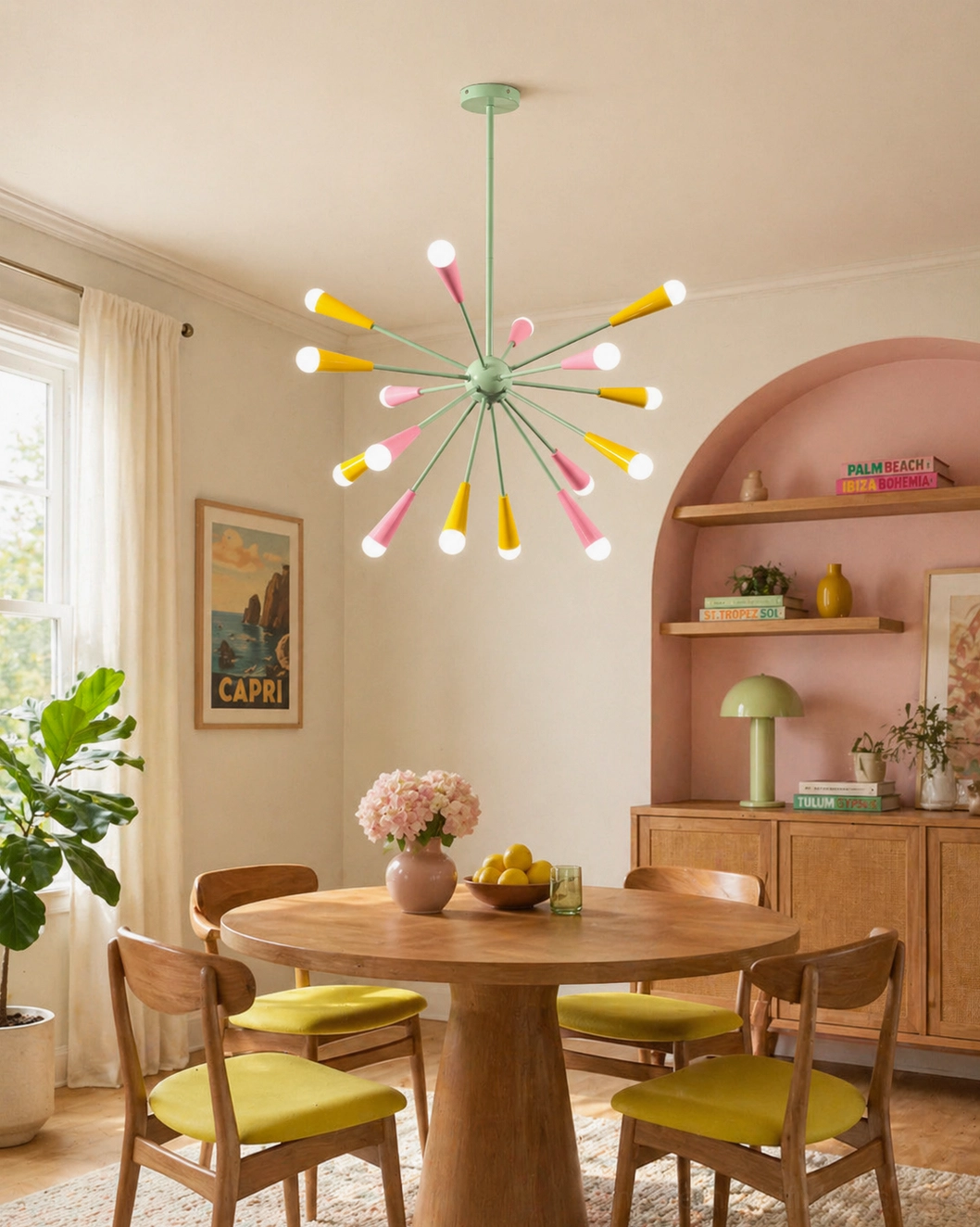 Sputnik starburst chandelier above round wooden dining table, pink accented wall, warm neutral home decor with yellow and pink lamp shades