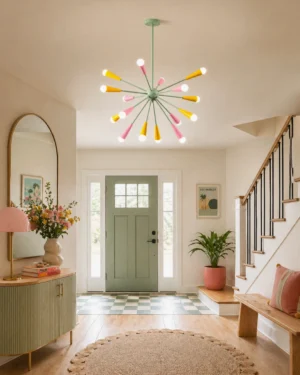 Retro sputnik chandelier installed in contemporary entryway, overhead view showing pastel mint-green frame and colorful lamp heads, staircase setting