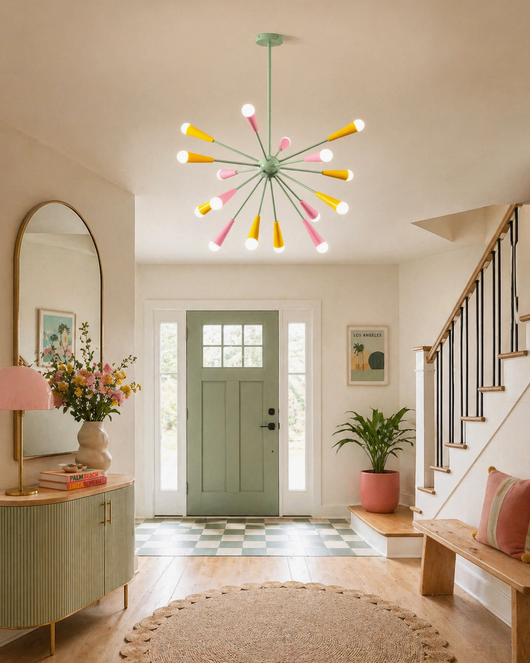 Retro sputnik chandelier installed in contemporary entryway, overhead view showing pastel mint-green frame and colorful lamp heads, staircase setting
